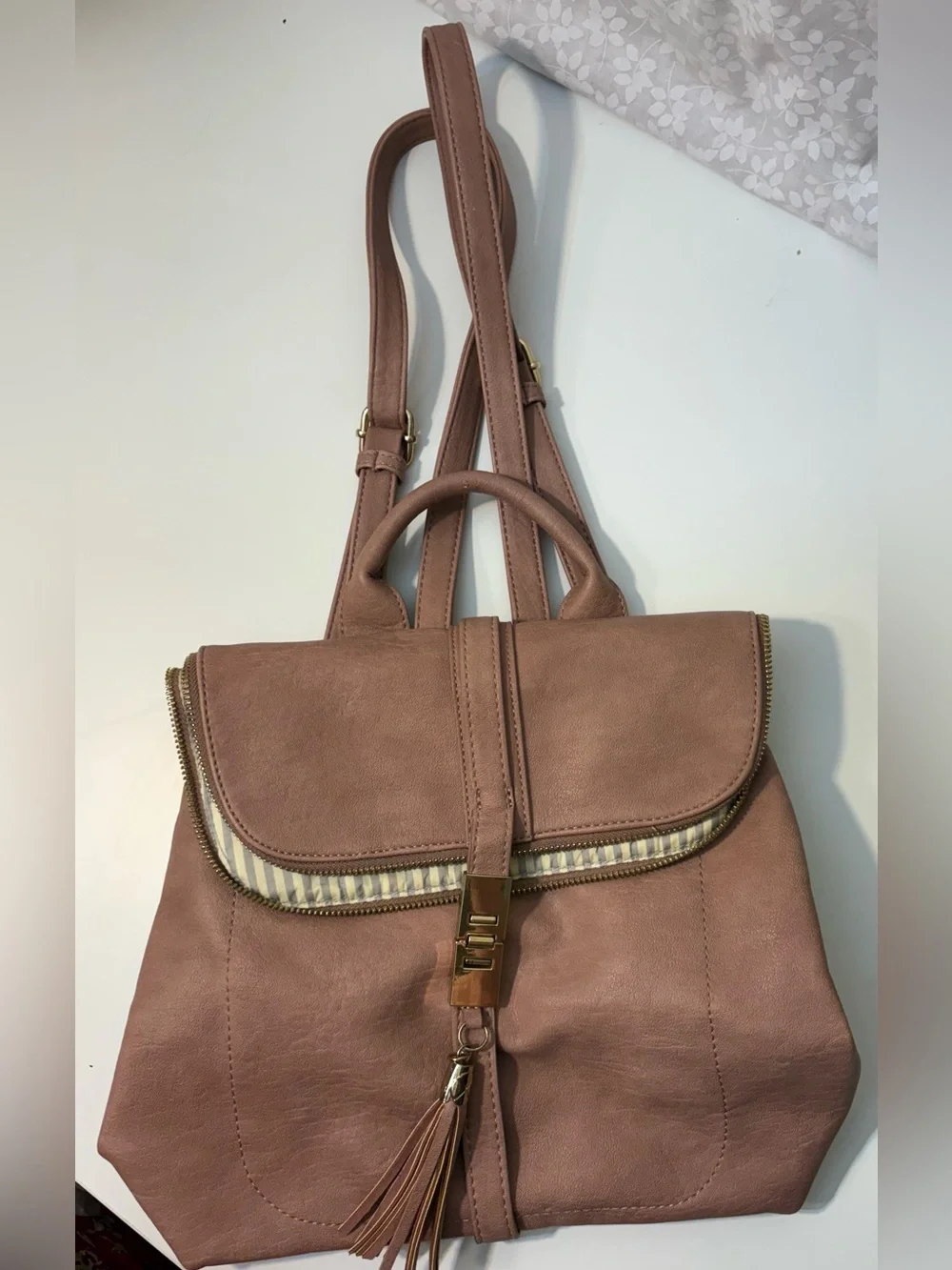 Miztique Blush Pink Vegan Leather Fashion Backpack Gold Hardware Tassel Accent